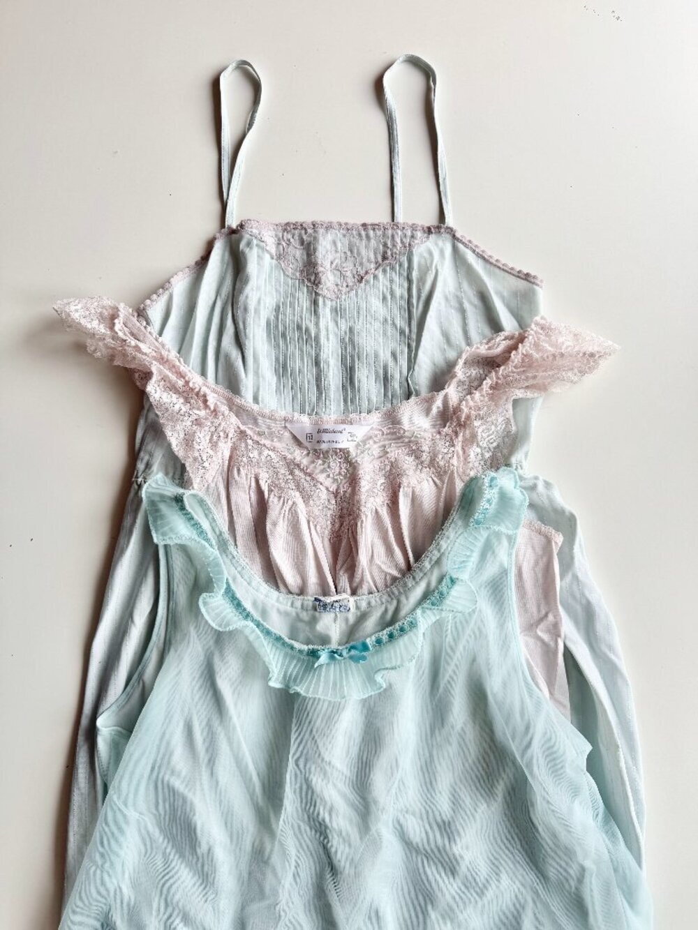 Lot of 3 Vintage ST. MICHAEL Light Pink Turquoise Slips Night Gowns, Size 12
